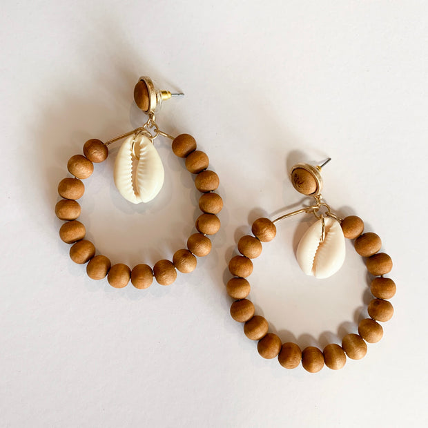 Brown Wooden Beaded Hoop Earrings with Shell