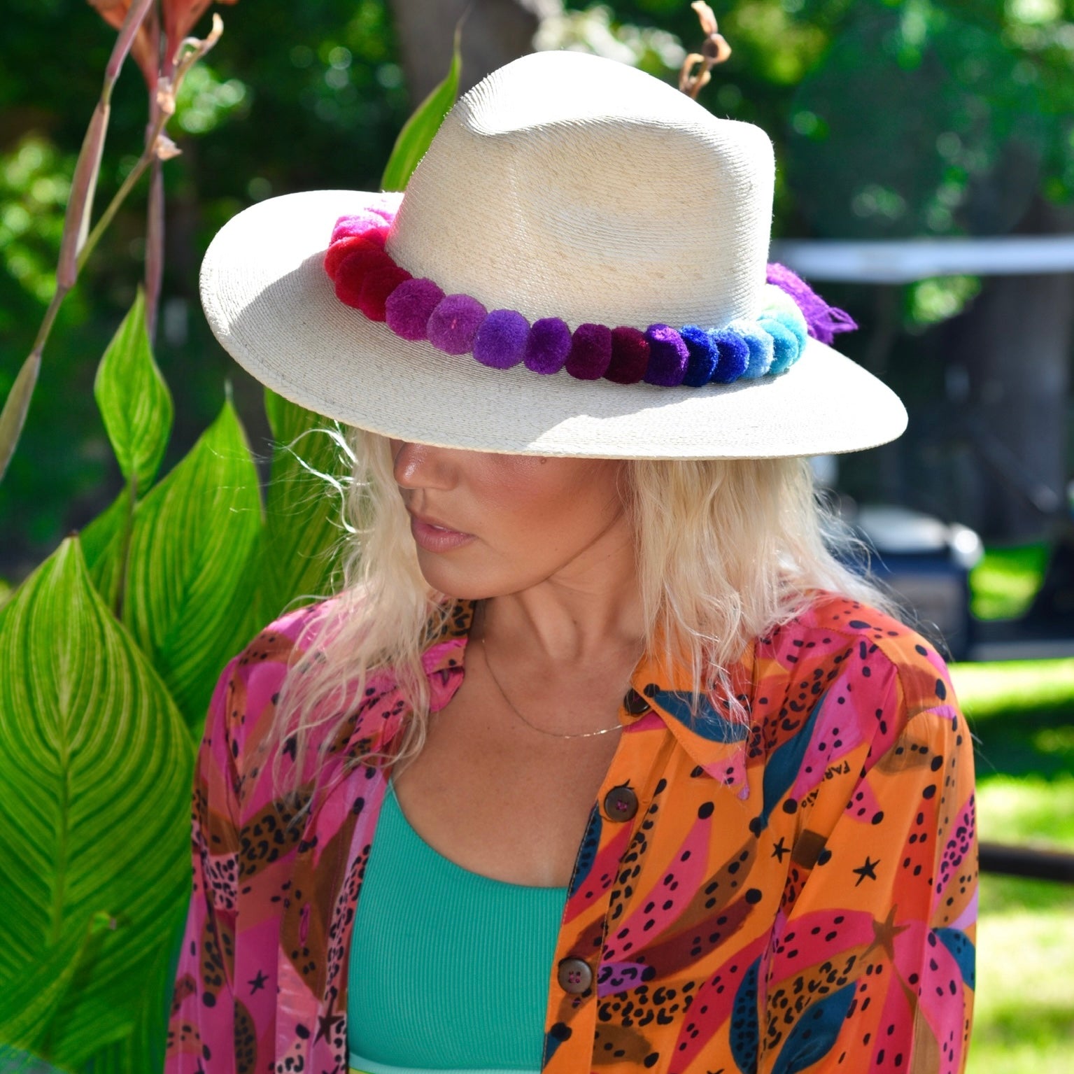 Handwoven Sun Hat with Pom Pom Hat Band 56cm Katerin Palm Hat – Sunshine Tienda® main image 4
