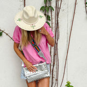 Metallic Silver Leather Crossbody with Beaded Strap