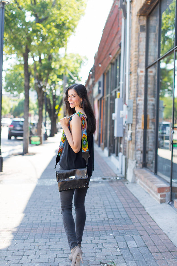 Metallic Blush Leather Crossbody with Beaded Strap