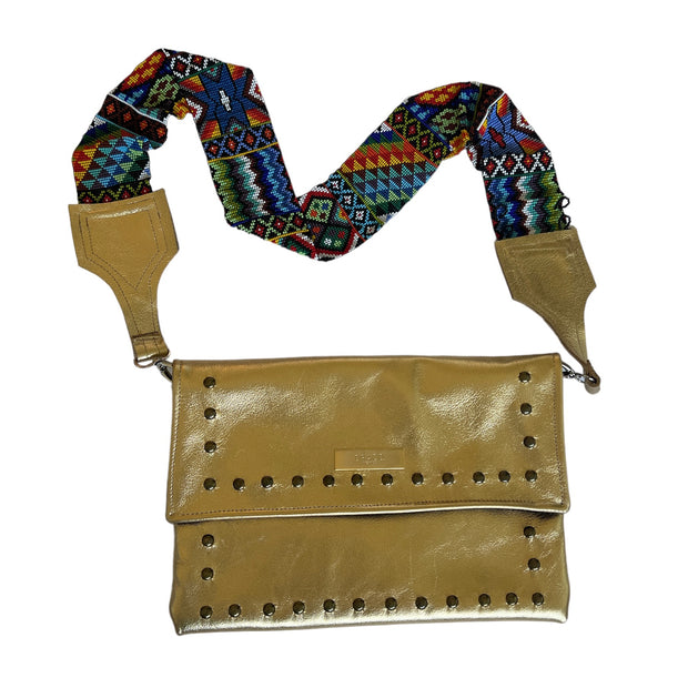 Metallic Gold Leather Crossbody with Beaded Strap