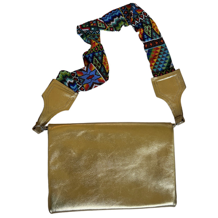 Metallic Gold Leather Crossbody with Beaded Strap