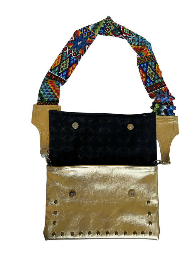 Metallic Gold Leather Crossbody with Beaded Strap