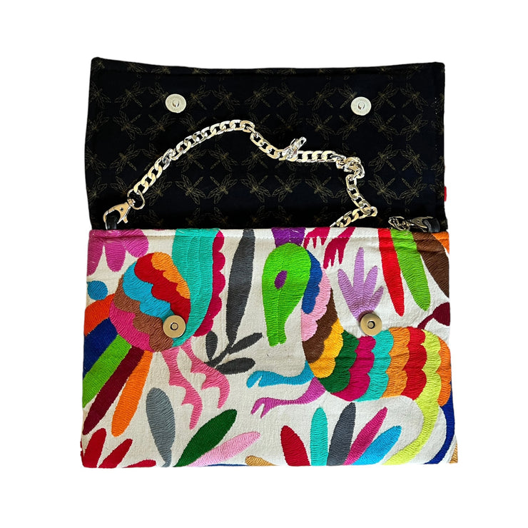 White/Multi Otomi Clutch (Pink Flower)