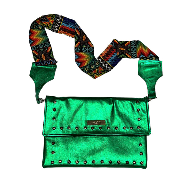 Metallic Green Leather Crossbody with Beaded Strap