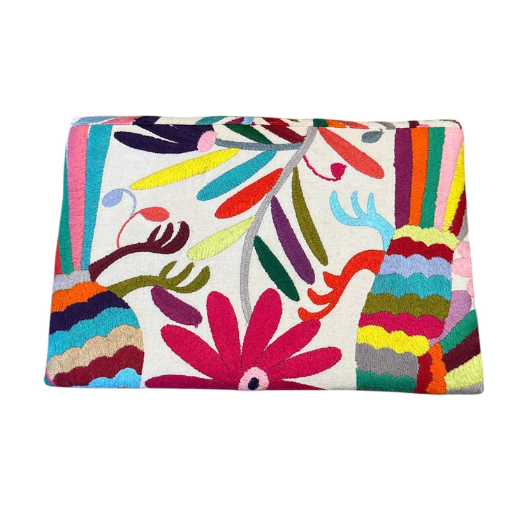 White/Multi Otomi Clutch (Pink Flower)