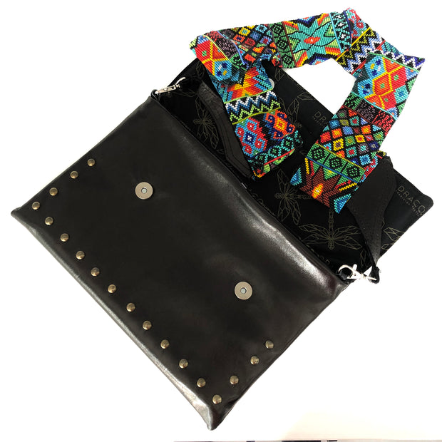 Black Leather Crossbody with Beaded Strap