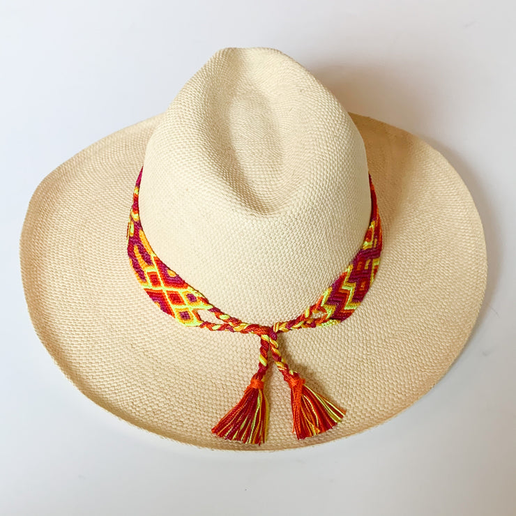 Panama Hat with Natural Toquila & Neon Yellow, Plum, and Orange Band (Large)