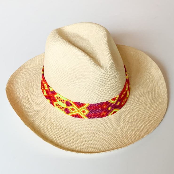 Panama Hat with Natural Toquila & Neon Yellow, Plum, and Orange Band (Large)