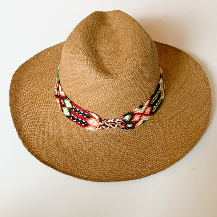 Panama Hat with Cocoa Toquila & Melon, Hunter Green & White Band (Large)