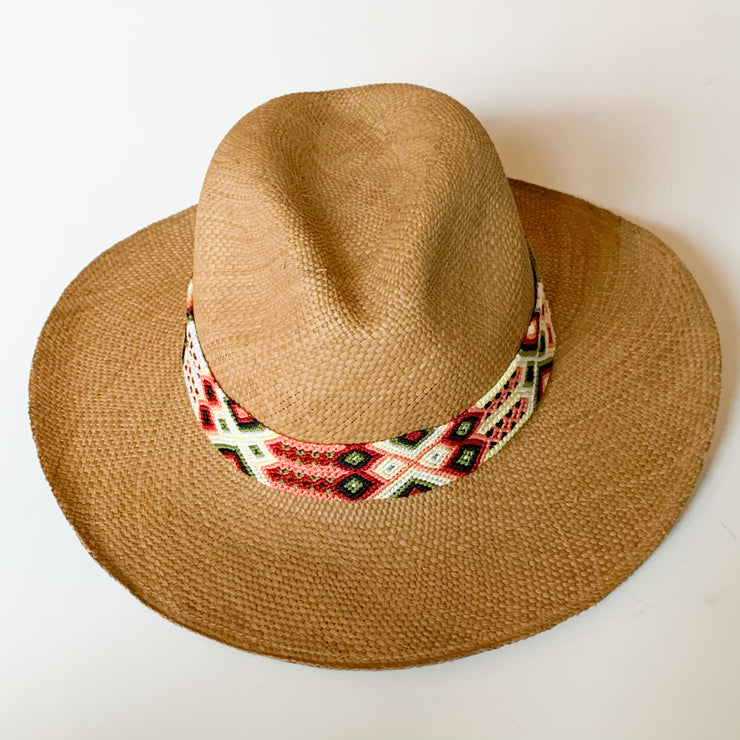 Panama Hat with Cocoa Toquila & Melon, Hunter Green & White Band (Large)