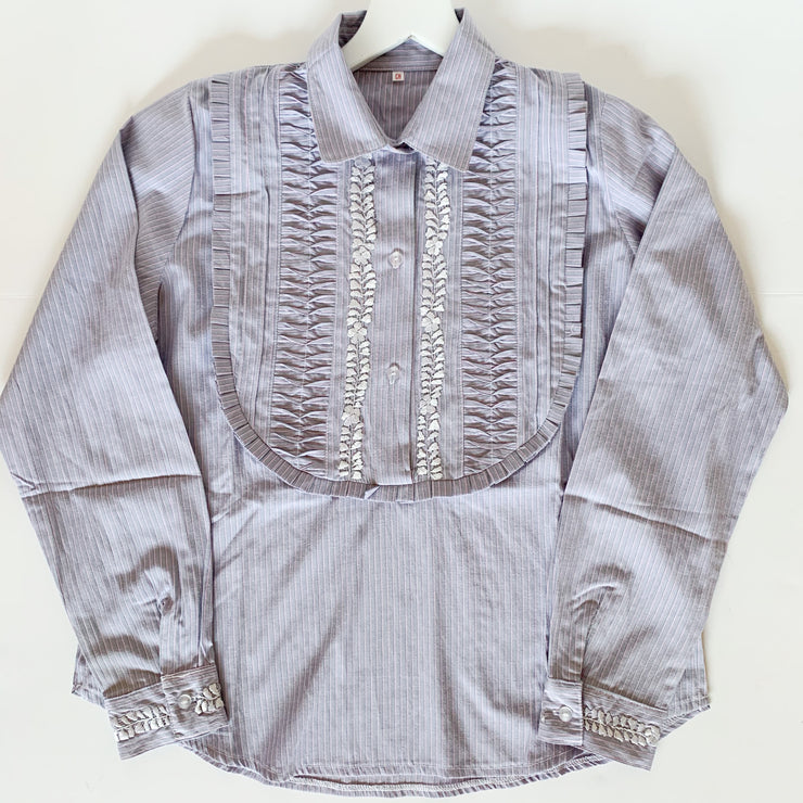 Grey/Pink Pinstripe Long sleeve Bib Blouse with Silver (Small)