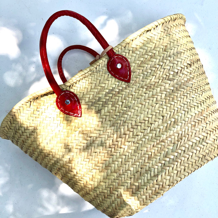 Woven Tote Bag with Red Leather Handles
