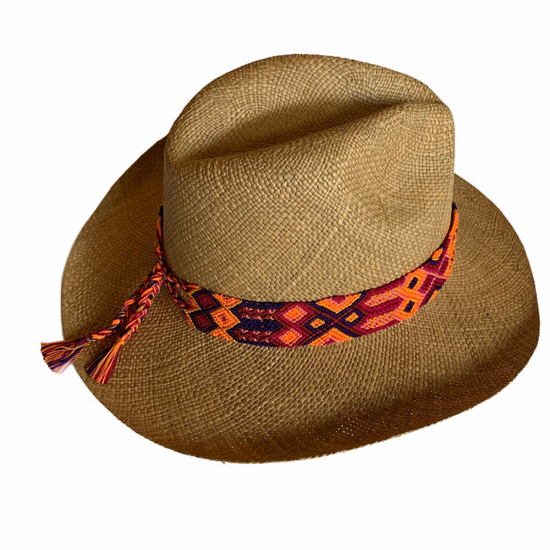 Panama Hat with Cocoa Toquila & Neon Orange, Magenta & Plum Band (Large)