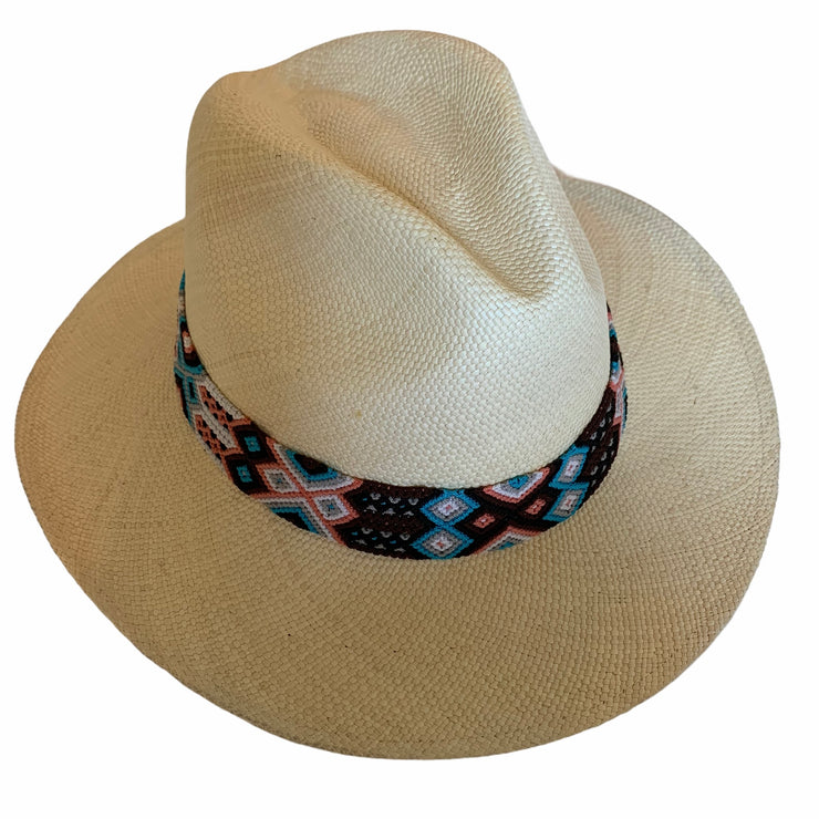 Panama Hat with Natural Toquila & Turquoise, Black, and Brown Band (Large)