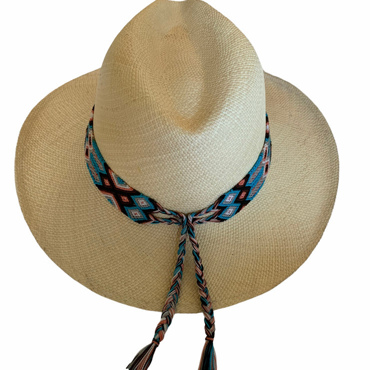 Panama Hat with Natural Toquila & Turquoise, Black, and Brown Band (Large)