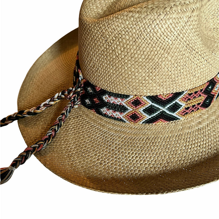 Panama Hat with Cocoa Toquila & Hunter Green, Brown & Coral Band (Small)