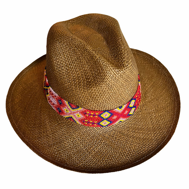 Panama Hat with Cocoa Toquila & Navy, Pink & Yellow Band (Small)