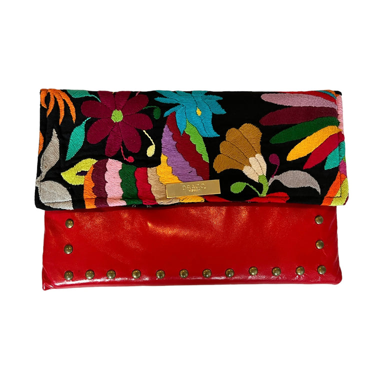 Studded Red Leather Clutch with Black Otomi Fabric