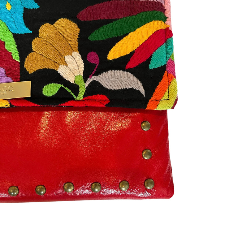 Studded Red Leather Clutch with Black Otomi Fabric