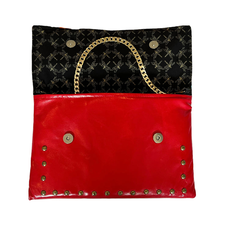 Studded Red Leather Clutch with Black Otomi Fabric