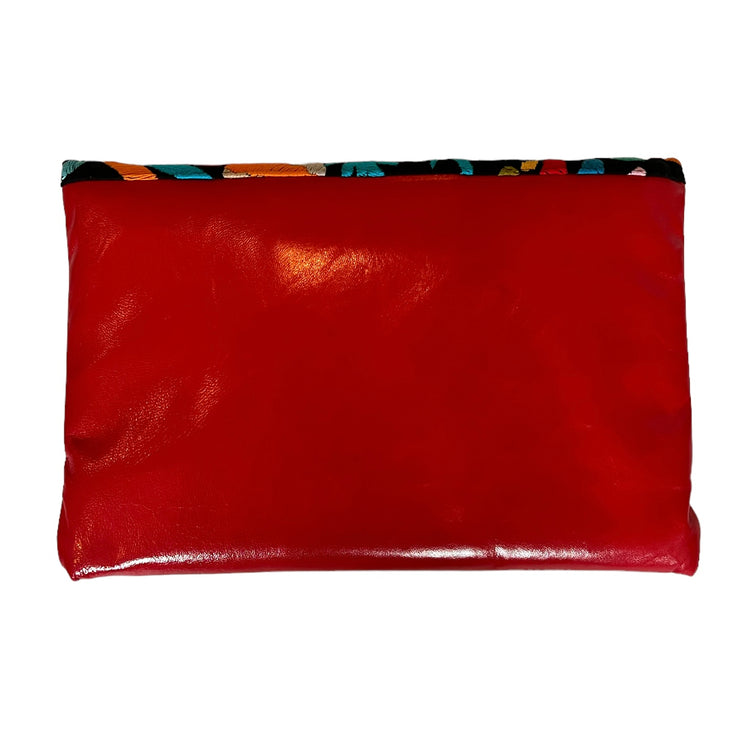 Studded Red Leather Clutch with Black Otomi Fabric