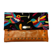 Studded Tan Leather Clutch with Black Otomi Fabric (Birds)