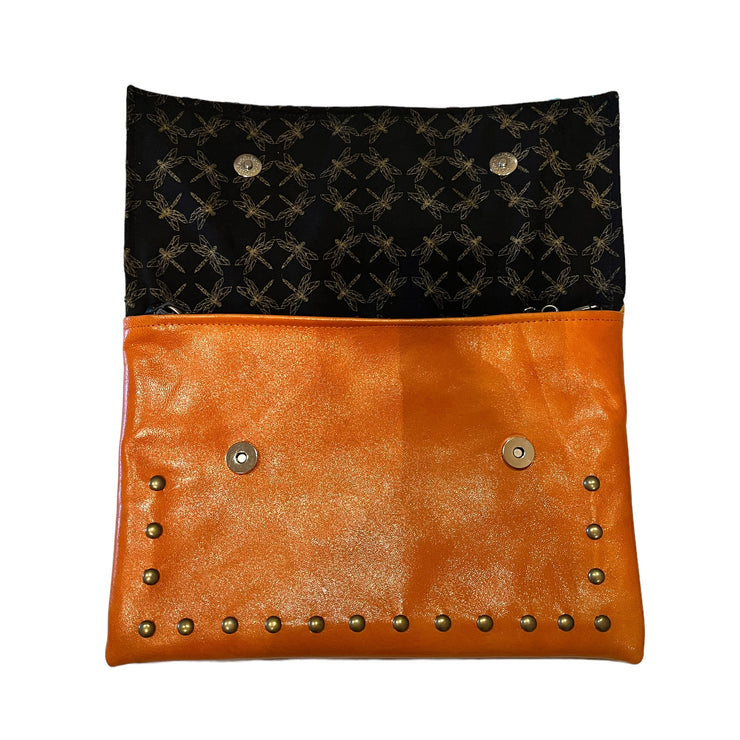Studded Tan Leather Clutch with Black Otomi Fabric (Butterfly)