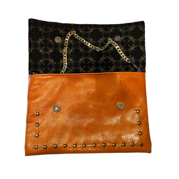 Studded Tan Leather Clutch with Black Otomi Fabric (Birds)