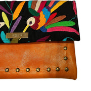 Studded Tan Leather Clutch with Black Otomi Fabric (Butterfly)