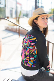 Black Bomber Jacket with Multi Otomi Embroidery (Assorted Sizes)