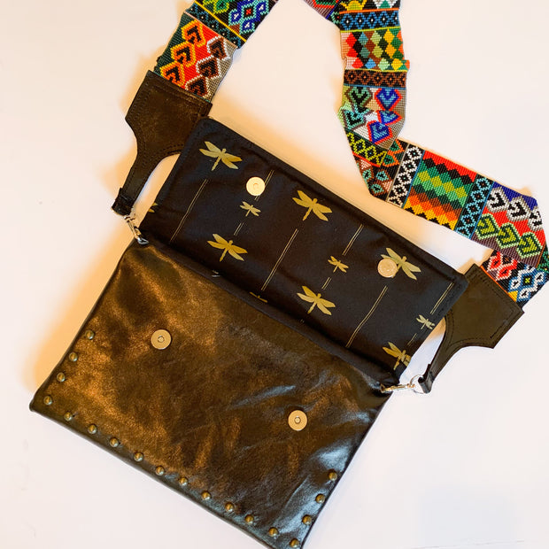 Black Leather Crossbody with Beaded Strap