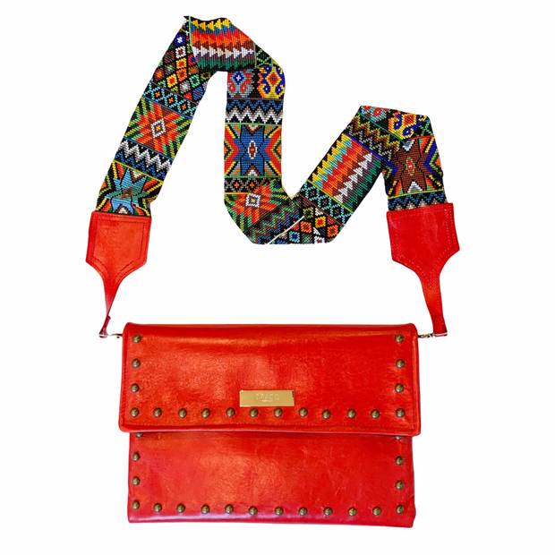 Red Leather Crossbody with Beaded Strap