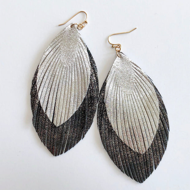 Charcoal and Silver Leather Feather Earrings