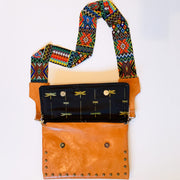 Camel Brown Leather Crossbody with Beaded Strap
