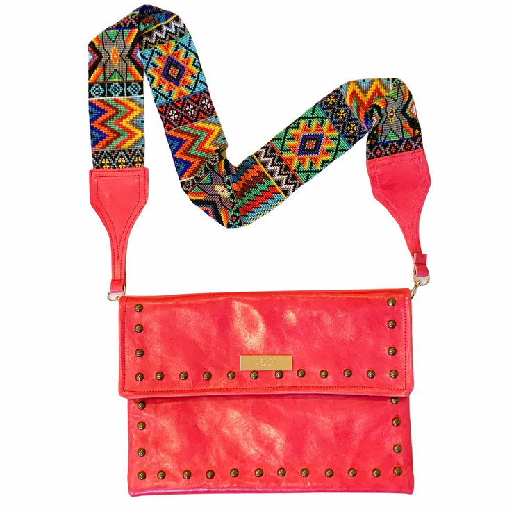 Pink Leather Crossbody with Beaded Strap