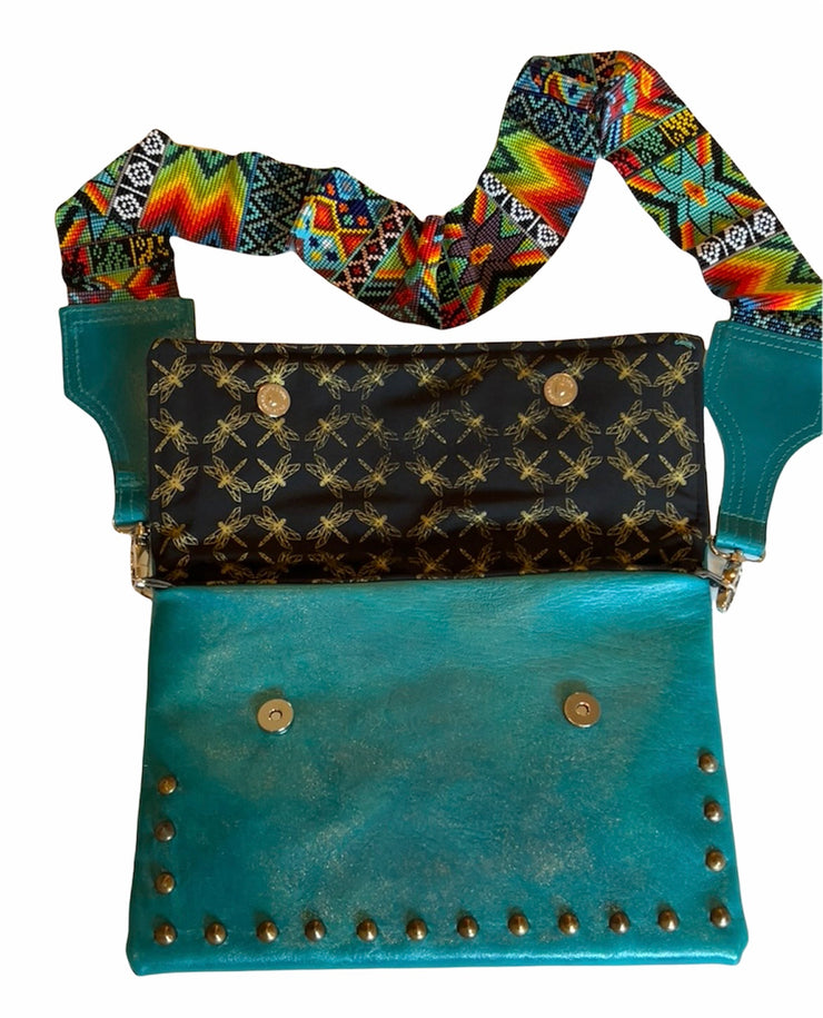 Turquoise Leather Crossbody with Beaded Strap