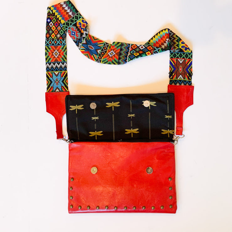 Red Leather Crossbody with Beaded Strap