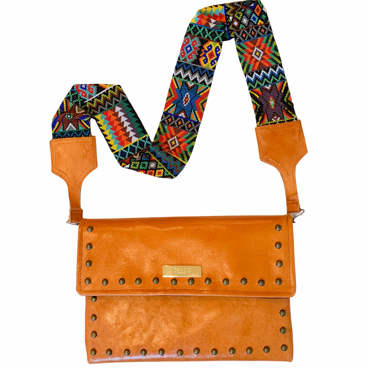 Camel Brown Leather Crossbody with Beaded Strap